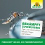 Nahaufnahme einer Tigermücke. Notiz: "Bekämpft zuverlässig Tiger- & Gelsenmücken, Wespen, Fliegen, Schaben". Neudorff Spray.