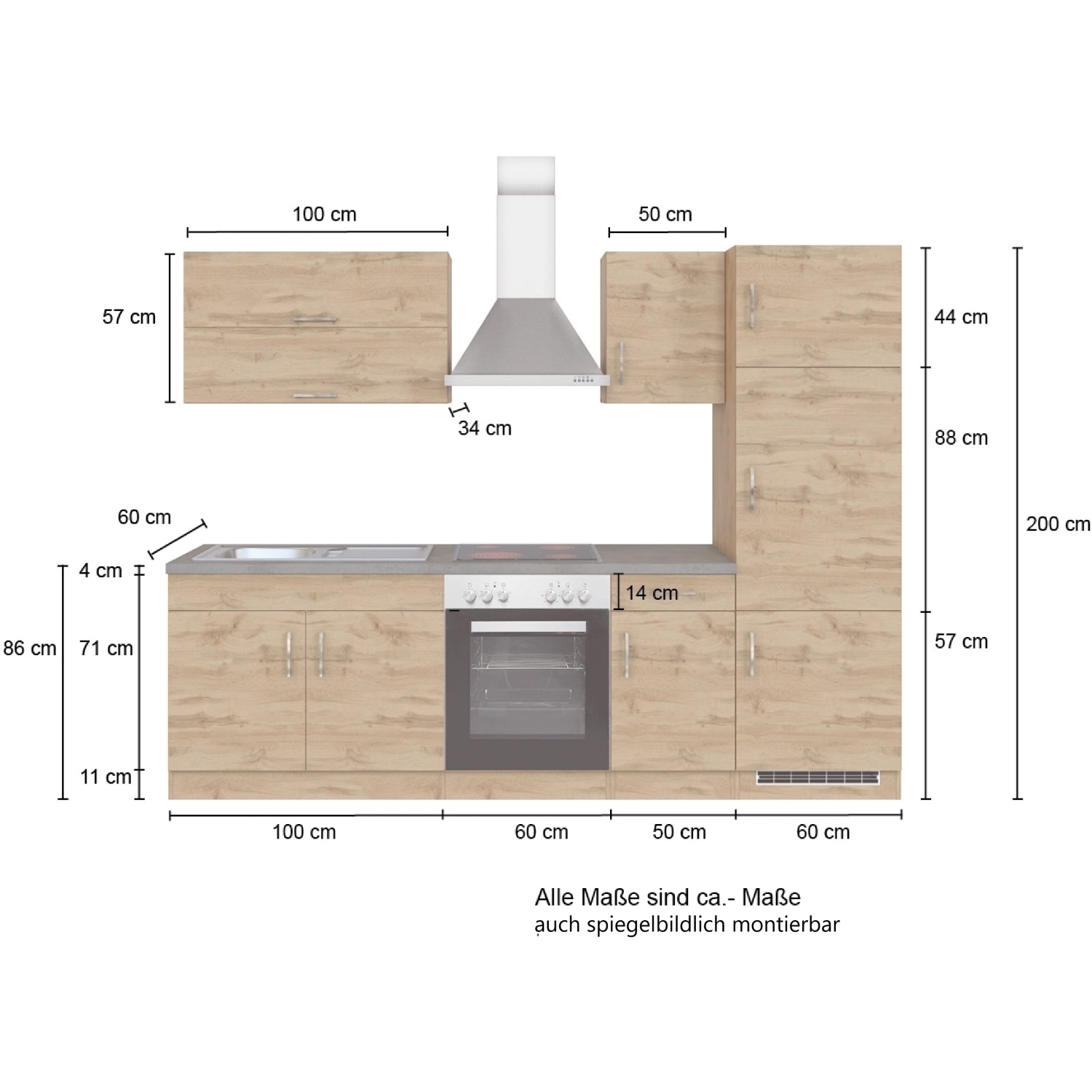 Küchenzeile Sorrento 270 cm in Wotaneiche-Grafit, ohne E-Geräte. Maße und Aufteilung der Küchenschränke dargestellt.