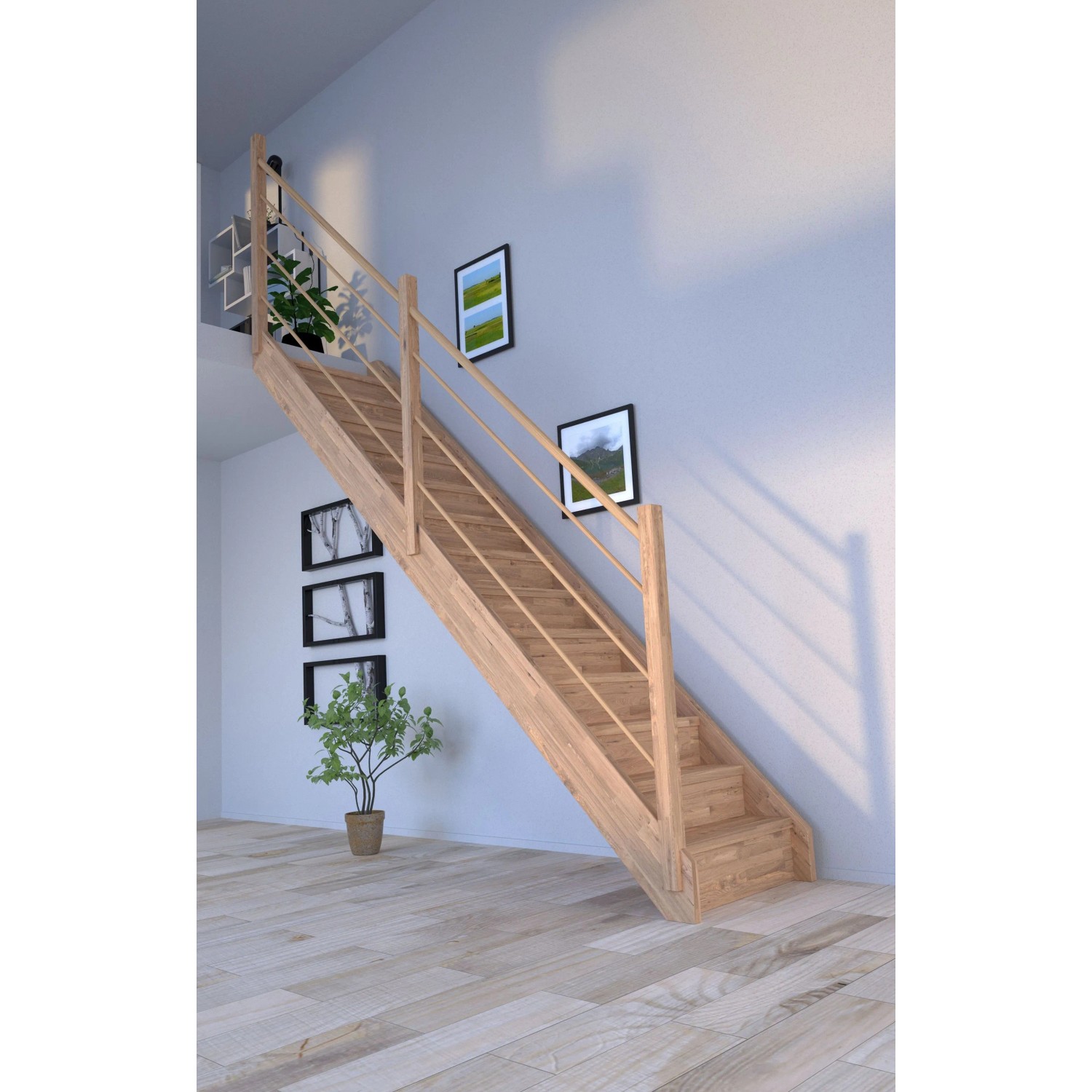 Gerade Holztreppe Mykonos Eiche mit Setzstufen und Holz-Design-Geländer links.