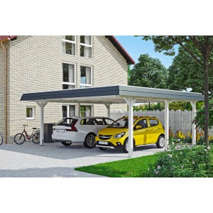 Weißer Skan Holz Doppelcarport Wendland mit EPDM-Dach und zwei geparkten Autos.