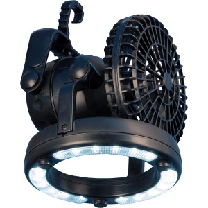 Schwarze Campinglampe mit Ventilator und LED-Ring für Camping & Outdoor.