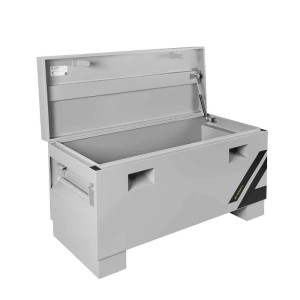Zipper Werkzeugbox ZI-WKB91 aus Weißaluminium, Deckel offen mit Gasdruckfeder, robust für Werkzeug.