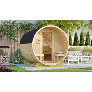 Weka Fasssauna 198 Sparset mit 9 kW Ofen im Garten, runde Form, Holzwände, Glastür.