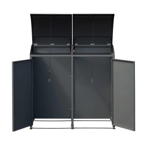 Westmann Mülltonnenbox Moderna für 2 Tonnen (je 240 l) in Anthrazit, mit geöffneten Türen und Deckeln.