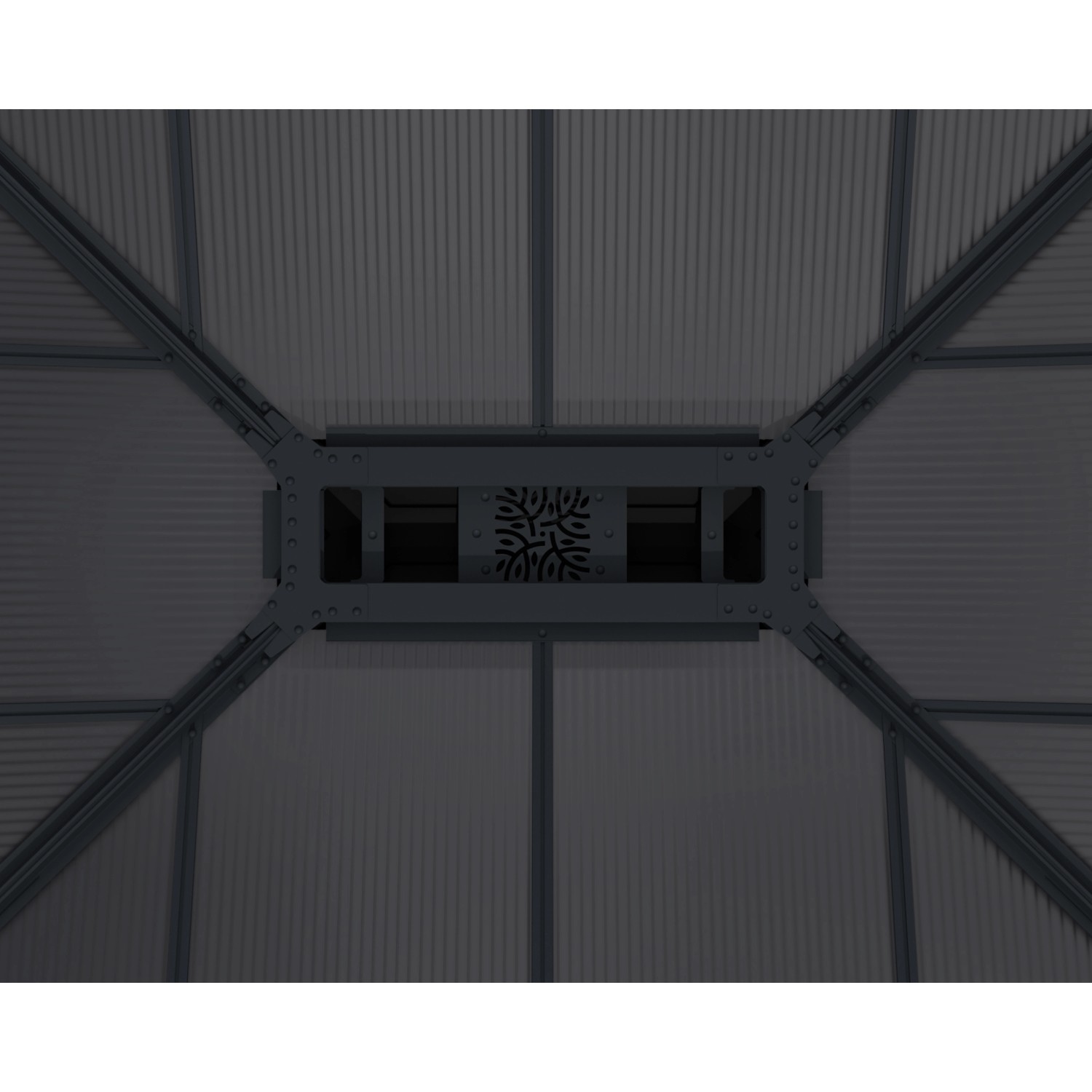 Detailaufnahme des anthrazitfarbenen Palram Canopia Dallas Garden Pavillons mit Belüftung.