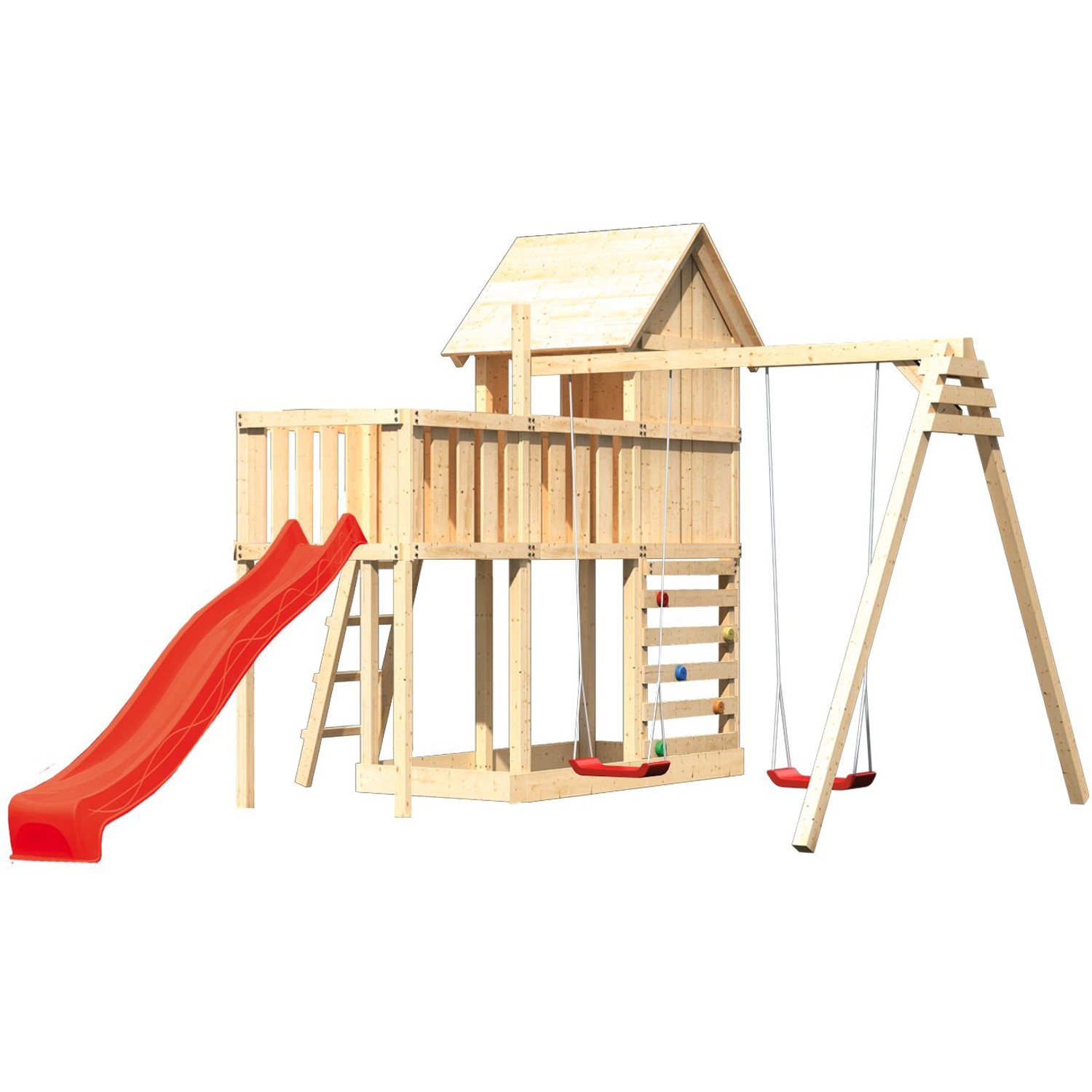 Karibu Stelzenhaus Frieda mit roter Rutsche, Schaukel, Kletterwand und Plattform. Spielturm aus Holz.