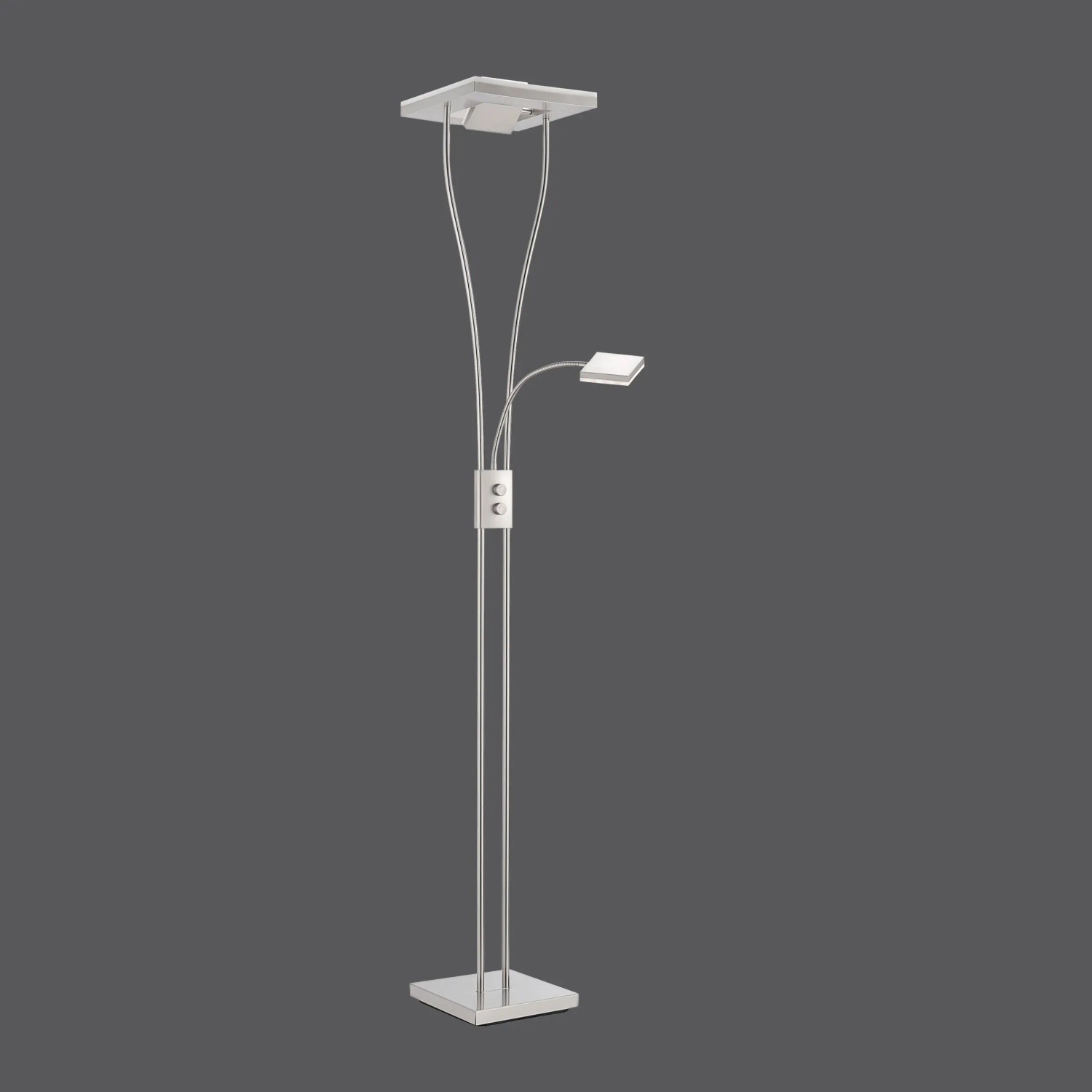 Moderner LED-Deckenfluter Helia aus Stahl, gebürstet, mit Leseleuchte, Höhe 187-197,5 cm.
