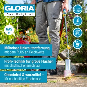 Gloria Thermoflamm bio Professional Plus Unkrautbrenner mit Schlauch im Einsatz.
