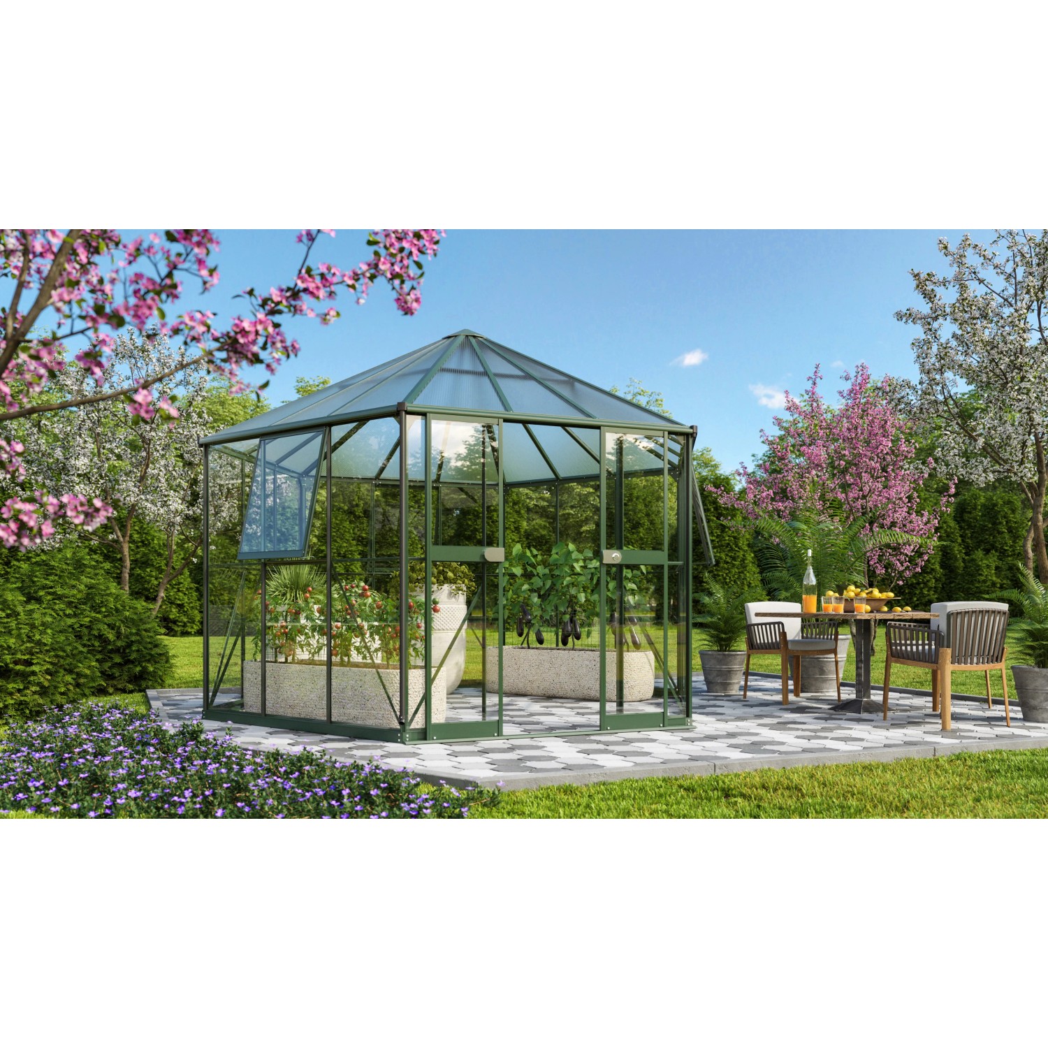 Vitavia Gewächshaus Galaxis 9000 Smaragd mit ESG/HKP Verglasung im Garten.