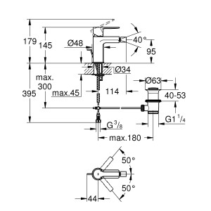 Technische Zeichnung: Grohe Lineare Bidetarmatur, Maße und Details zur Installation.