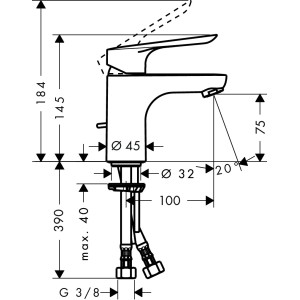 Technische Zeichnung: Hansgrohe Logis E 70 Waschtischarmatur mit Maßangaben.