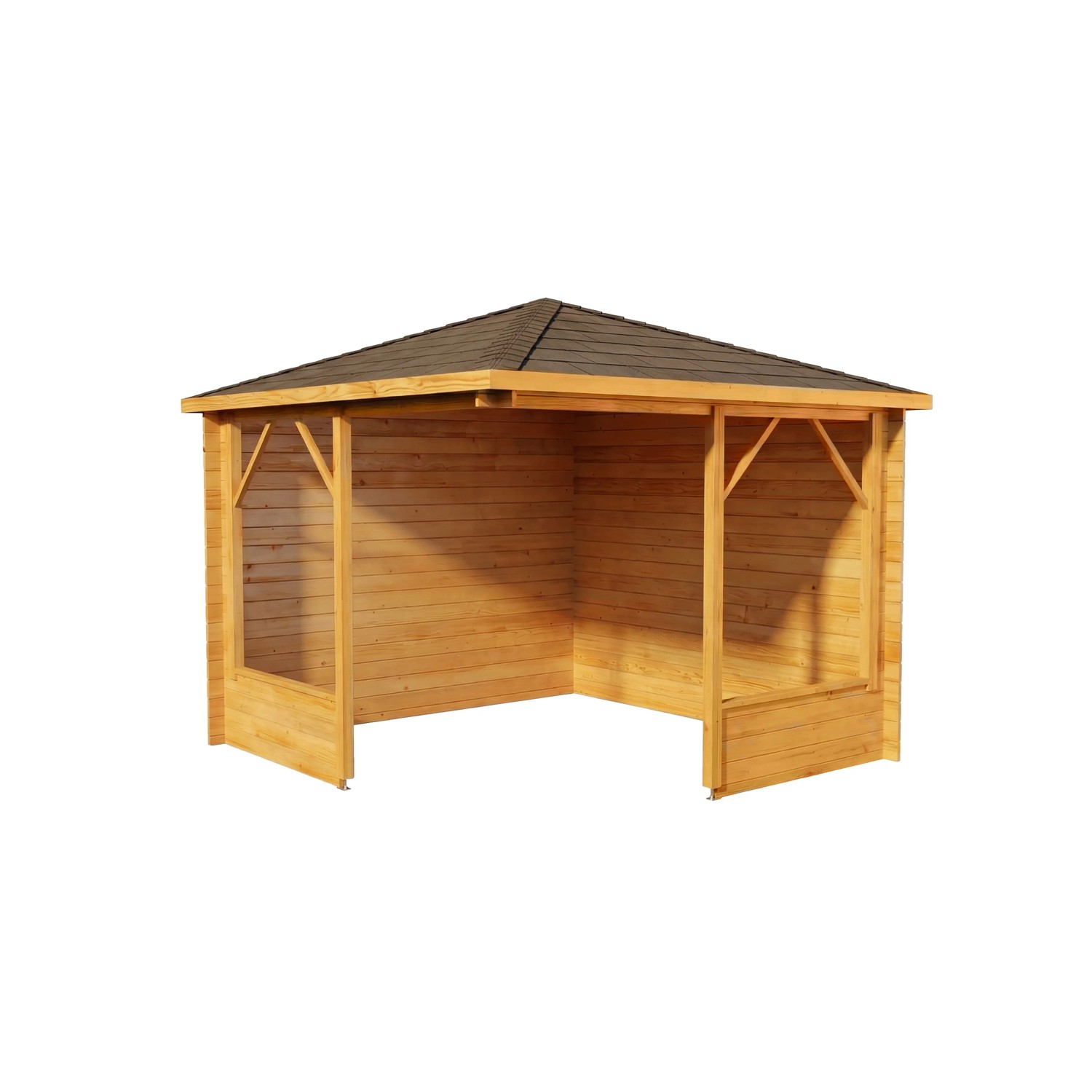 5-Eck Gartenlaube Maik-28 aus Holz, 325x325 cm, mit Spitzdach und offener Bauweise.