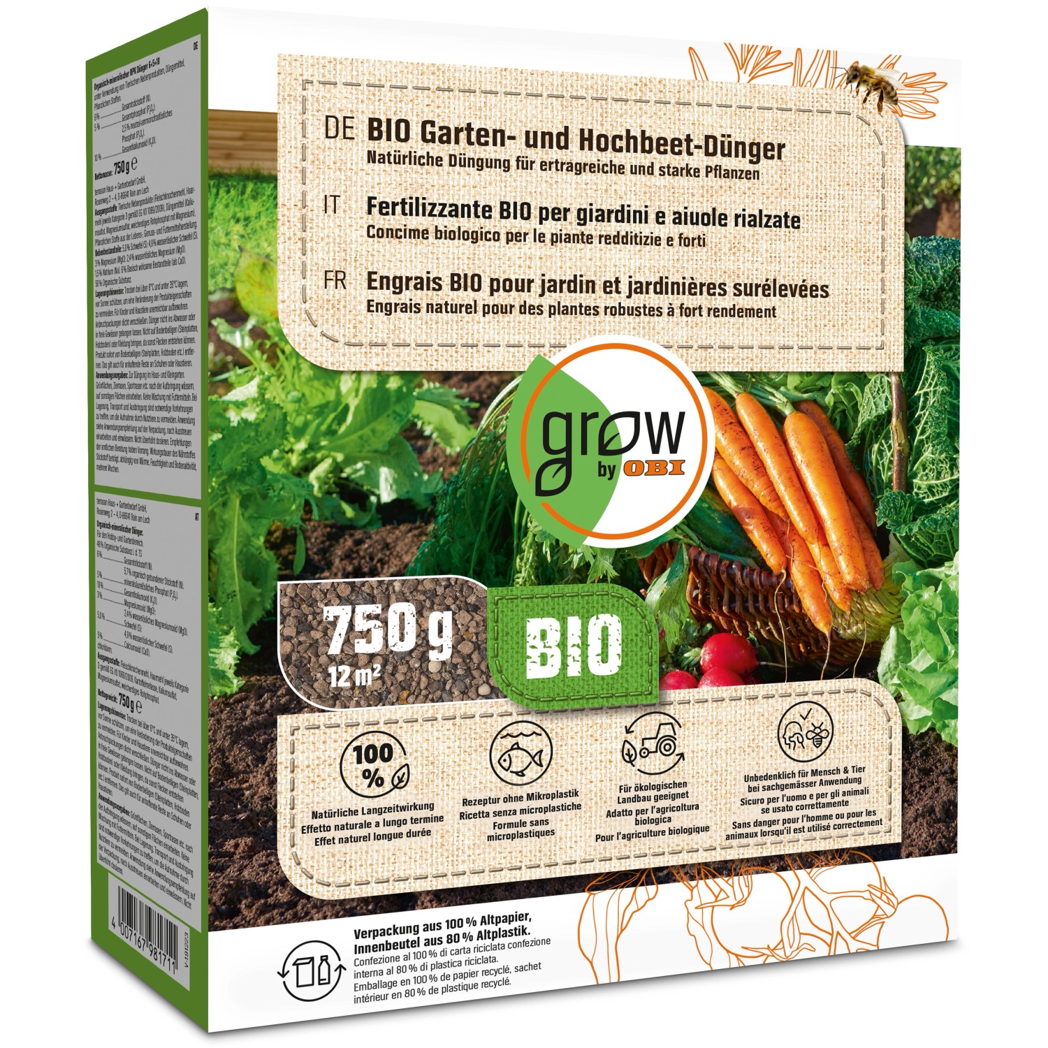 GROW by OBI BIO Garten- und Hochbeet-Dünger, 750g Packung für Gemüse und Kräuter.