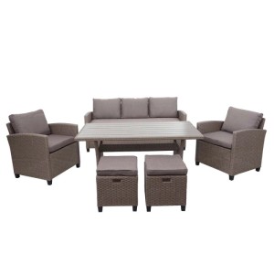 6-teilige Poly-Rattan Gartenmöbel-Garnitur in Grau-Braun mit Sofa, Tisch, Sesseln und Hockern.