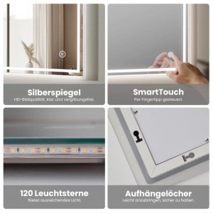 Emke Badspiegel 70x50 cm mit heller LED-Beleuchtung, Silberspiegel und SmartTouch-Bedienung. Kaltweißes Licht.