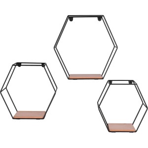 Mirrors & More Wandregal-Set Sarah, 3 sechseckige Regale aus Metall und Holz.