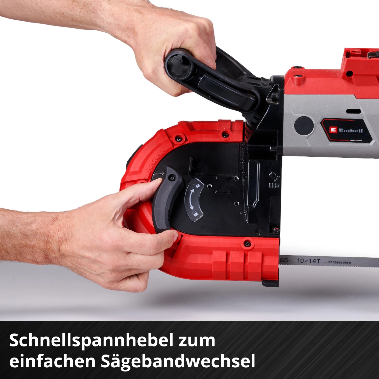 Einhell Akku-Bandsäge TE-MB 18/127 Li-Solo: Detailaufnahme des Schnellspannhebels.