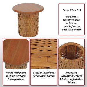 Runder Beistelltisch aus Mahagoni und Rattan, Ø44cm, für Wohnzimmer, Schlafzimmer oder Wintergarten.