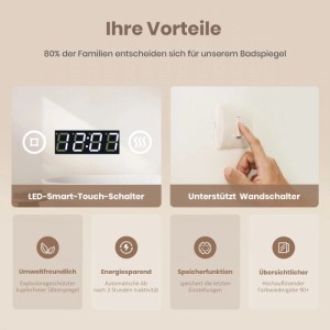 Emke Badspiegel: LED-Anzeige, Touch-Schalter, Wandschalter-Kompatibilität, Speicherfunktion, energiesparend, kupferfrei.