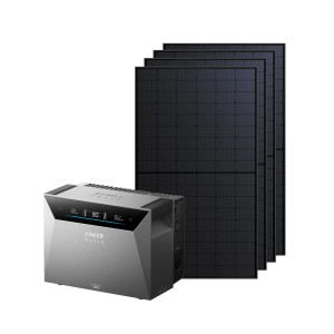 Anker Solix Solarbank 4 E5000 Pro, grau, mit Display und 4 schwarzen 500W TopCon Solarpanels für Balkonkraftwerke.