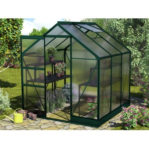 Vitavia Gewächshaus Apollo 3800 Smaragd mit Regalen und geöffneter Tür im Garten.