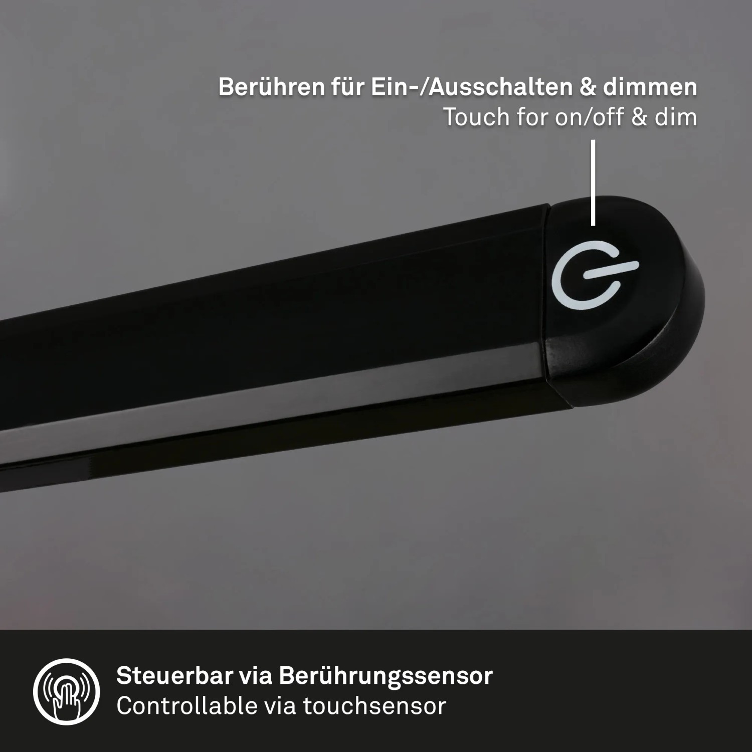 Detailaufnahme: Schwarze Brilo LED-Tischleuchte Pivaz mit Touch-Dimmer und warmweißem Licht.