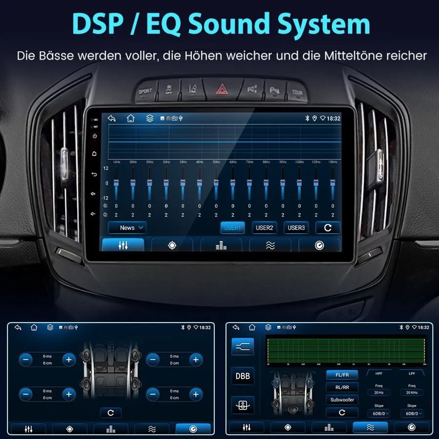 9 Zoll Autoradio Display mit Equalizer und DSP/EQ Sound System für Opel Insignia. Audioeinstellungen für Bässe, Höhen, Mitten.