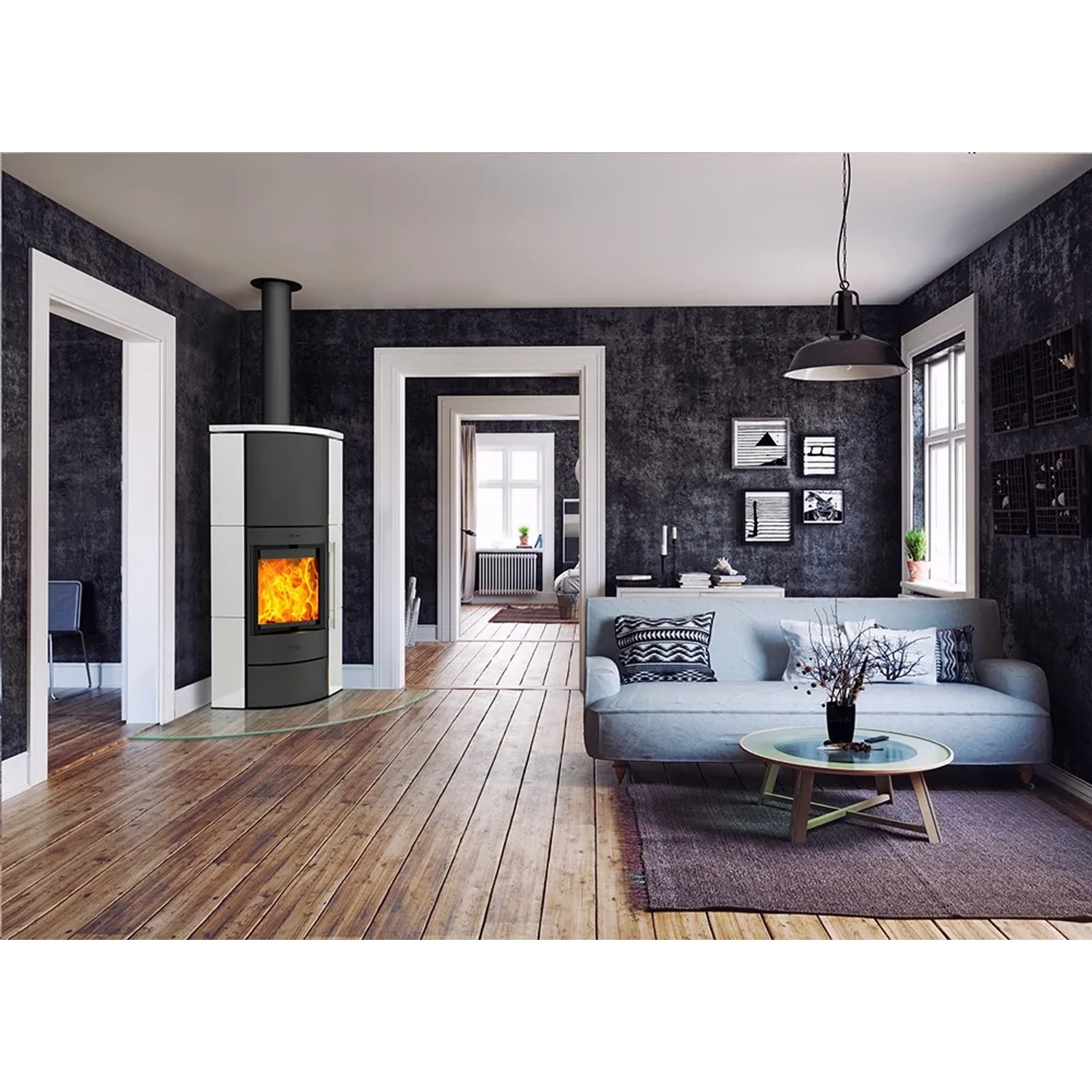 Schwarzer Fireplace Adelaide Kaminofen (6 kW) mit Keramikverkleidung im Wohnraum.