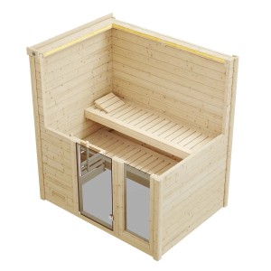 Weka Massivholzsauna Bergen mit Glastür und Fenster, naturbelassenes Fichtenholz, zwei Liegen.