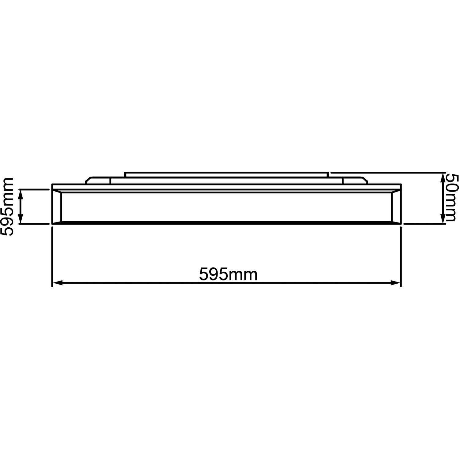 Technische Zeichnung des weißen LED-Deckenpaneels Allie, 60x60 cm, mit Maßangaben.