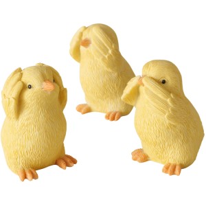Drei gelbe Boltze Deko-Figuren Chicky, Ostern Dekoration, aus Kunstharz, verschiedene Posen.