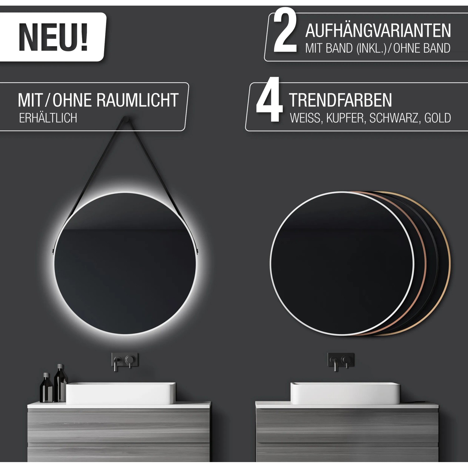 DSK Design LED-Lichtspiegel Silver Barbier, Ø 80 cm, Weiß Matt, mit/ohne Raumlicht und Band.