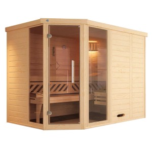 Weka Elementsauna Kemi Eck mit Glastür und Fenster aus Fichtenholz.