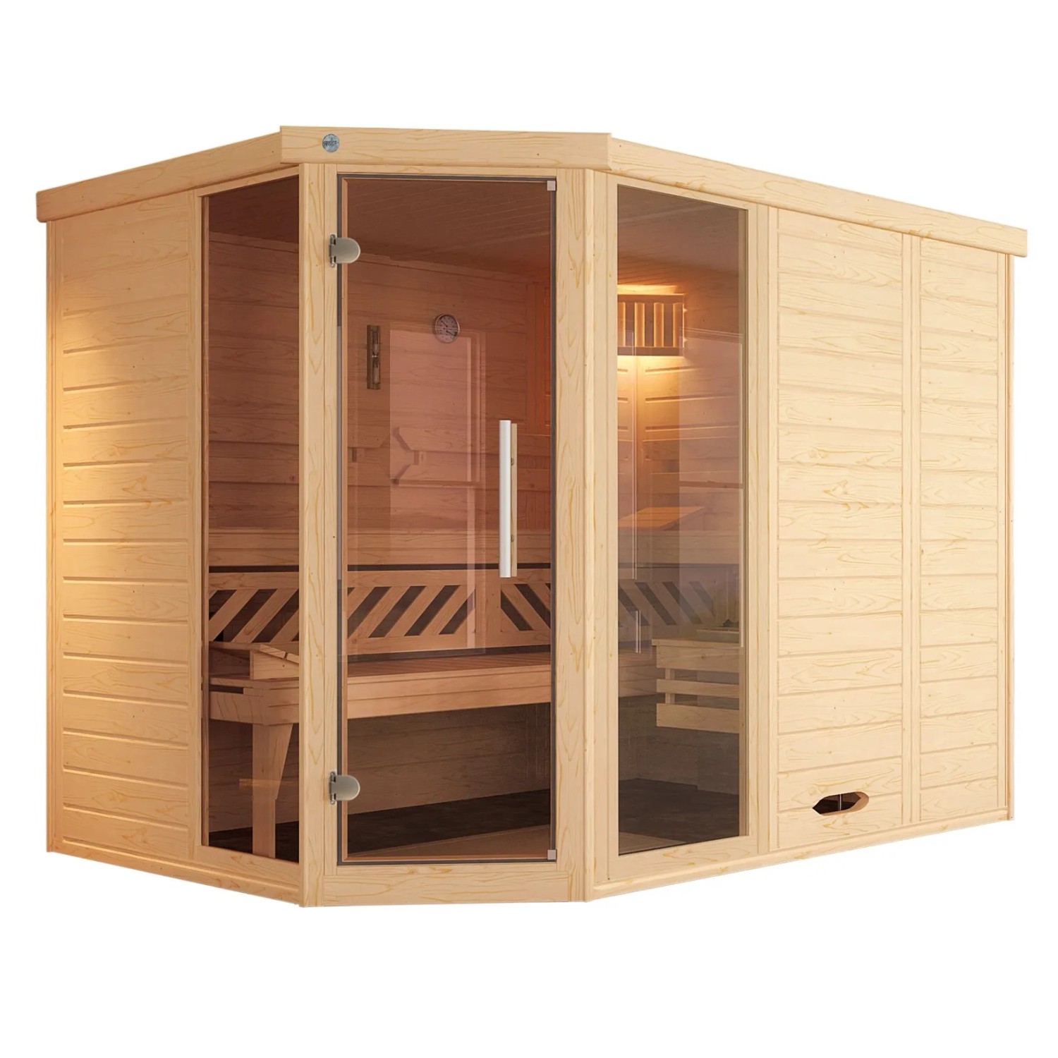 Weka Elementsauna Kemi Eck mit Glastür und Fenster aus Fichtenholz.