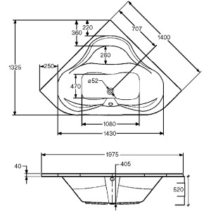 Technische Zeichnung Ottofond Whirlpool Lucia Premium, 140 cm, weiße Eck-Badewanne mit Maßen.