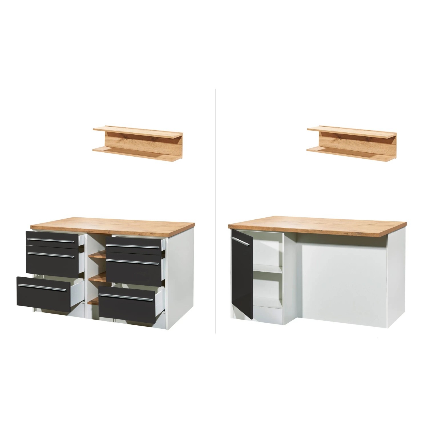 Respekta Kücheninsel Gabriel, 150 cm, grau hochglanz, mit Schubladen, Regalen und Hängeregal