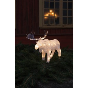 Leuchtender Acryl Elch von Konstsmide mit warm-weißen LEDs für die Weihnachtsdeko im Garten.