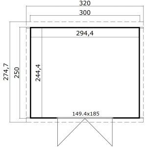 Grundrisszeichnung Lasita Holz-Gartenhaus Zambezi 6, 320x274,7 cm, Gletschergrün. Abmessungen und Türposition.