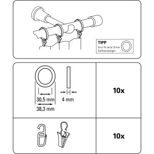 Gardinia Gardinenringe Europa, 10er-Pack, Silber-antik, für 19 mm Stangen, mit Klammern und Faltenlegehaken.