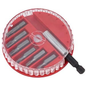 7-teiliges TX Bit Set mit Bithalter im roten, runden Aufbewahrungsbehälter.