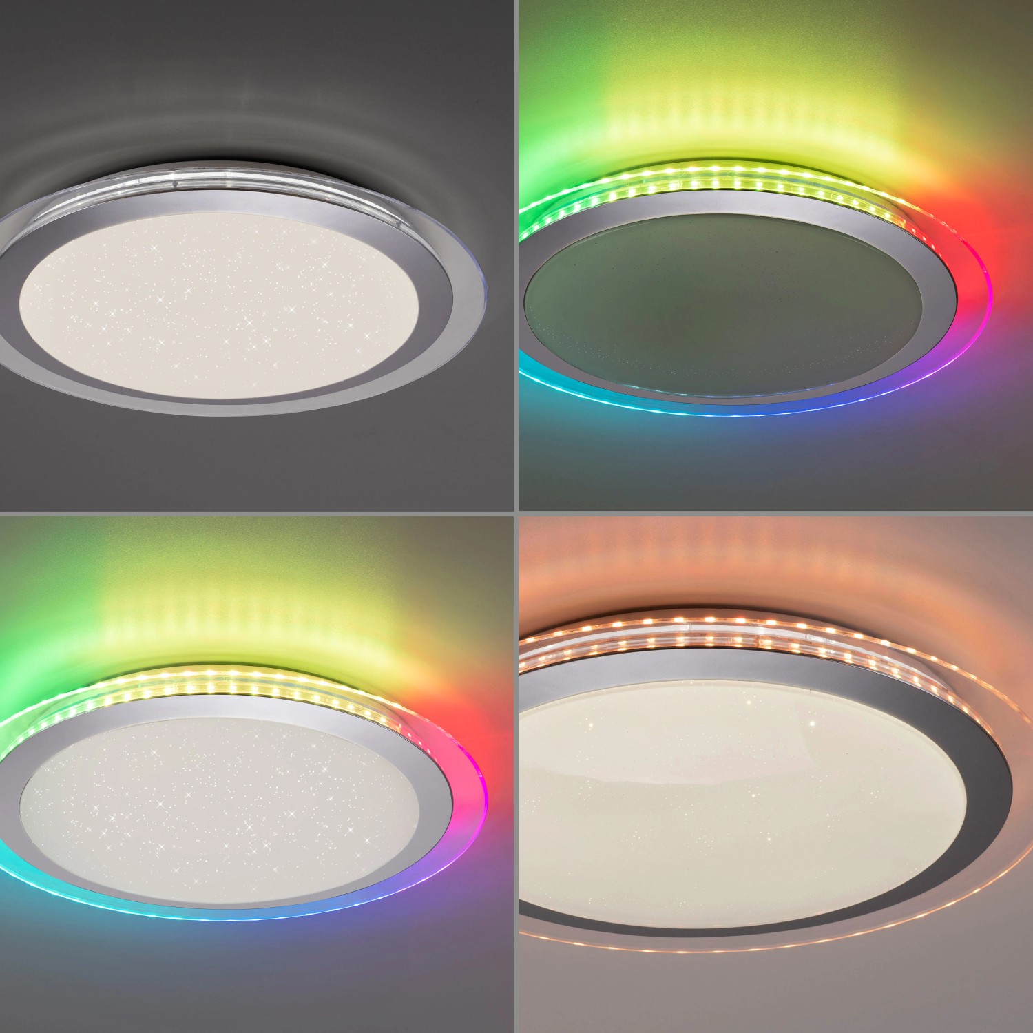 LED-Deckenleuchte Cyba Silber mit CCT & RGB, Ø 45 cm, verschiedene Lichtmodi.