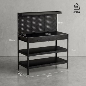 HOMCOM Werkbank schwarz aus Stahl mit Lochwand, 2 Schubladen & 2 Regalen. Robuster Arbeitsplatz 122x61x156 cm.