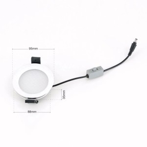 Weißer, runder Orion LED Einbaustrahler mit Kabel, Schalter und Maßen. Dimmbar, CCT, IP44, 3,5 cm flach.