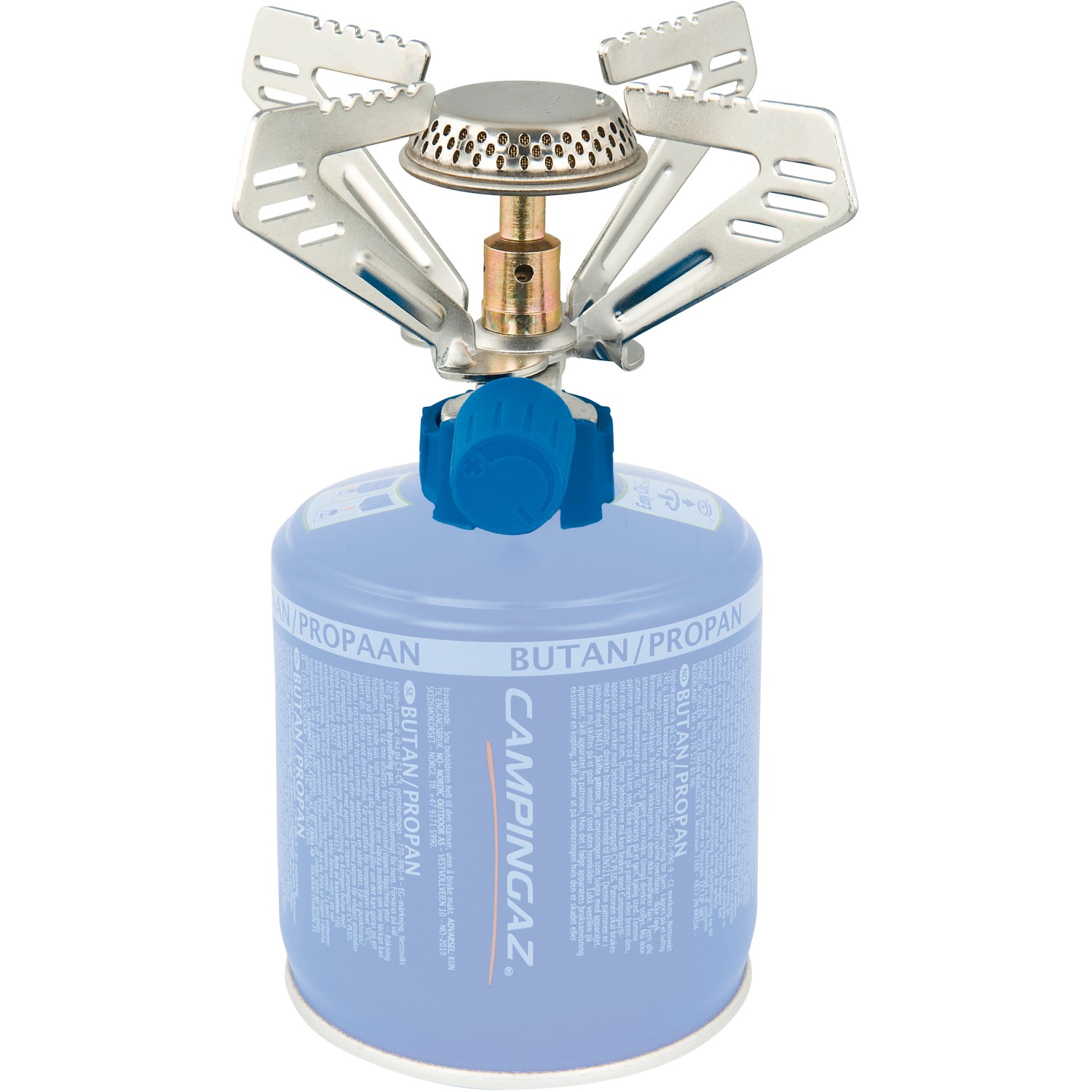 Kompakter Camping Gaskocher Micro Plus mit Topfträger und blauer Gaskartusche.