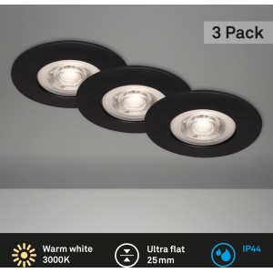 Brilo LED-Einbauleuchten Kulana, 3er-Set, matt-schwarz, warmweiß, IP44 spritzwassergeschützt.