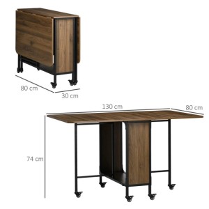 HOMCOM klappbarer Esstisch braun, Holzoptik, Metallgestell, Rollen. Zeigt kompakten und ausgeklappten Zustand mit Ablage.