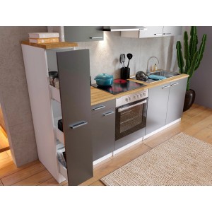 Respekta Küchenzeile KB240WGC in Grau-Weiß mit Elektrogeräten und Nussbaum Arbeitsplatte.