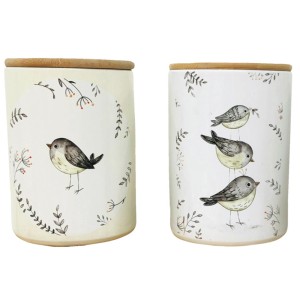 Zwei Boltze Vorratsdosen Knuffi mit Vogelmotiven und Bambusdeckel, 12x16 cm.