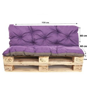 Violettes Palettenkissen-Set mit Sitz- und Rückenkissen (120x60cm) auf Europalette. Ideal für Gartenmöbel.