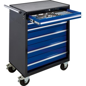 Blauer LUX Werkstattwagen Comfort mit 109-teiligem Werkzeugsortiment und geöffneter Schublade.